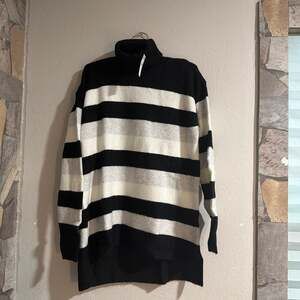 Talbots Women's Striped Turtleneck Tunic Sweater Black Grey White